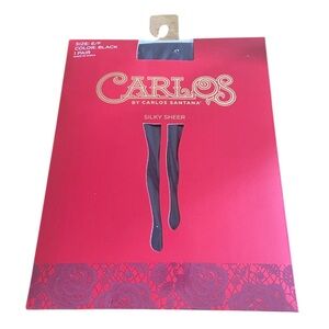 Carlos Santana Black Silky Sheer Control Top Stockings Size E/F Large NEW